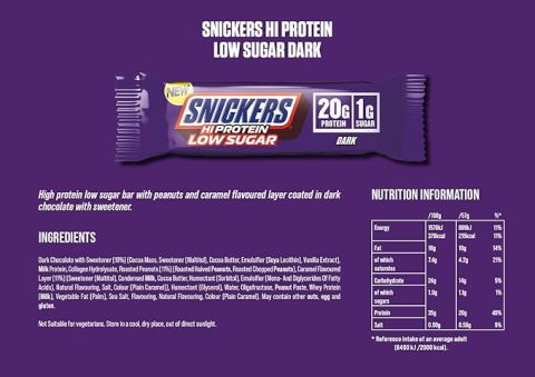 SNICKERS HIGH PROTEIN BAR LOW SUGAR DARK 57Gx 12 Adet